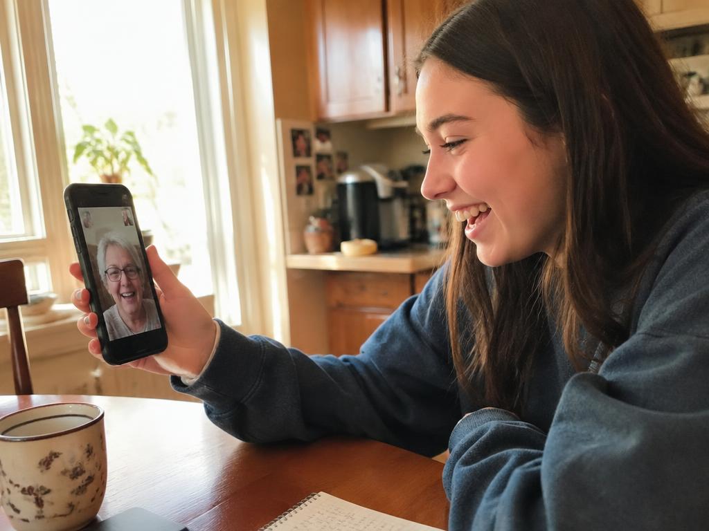 A teenage girl laughing on a video call with her grandmother