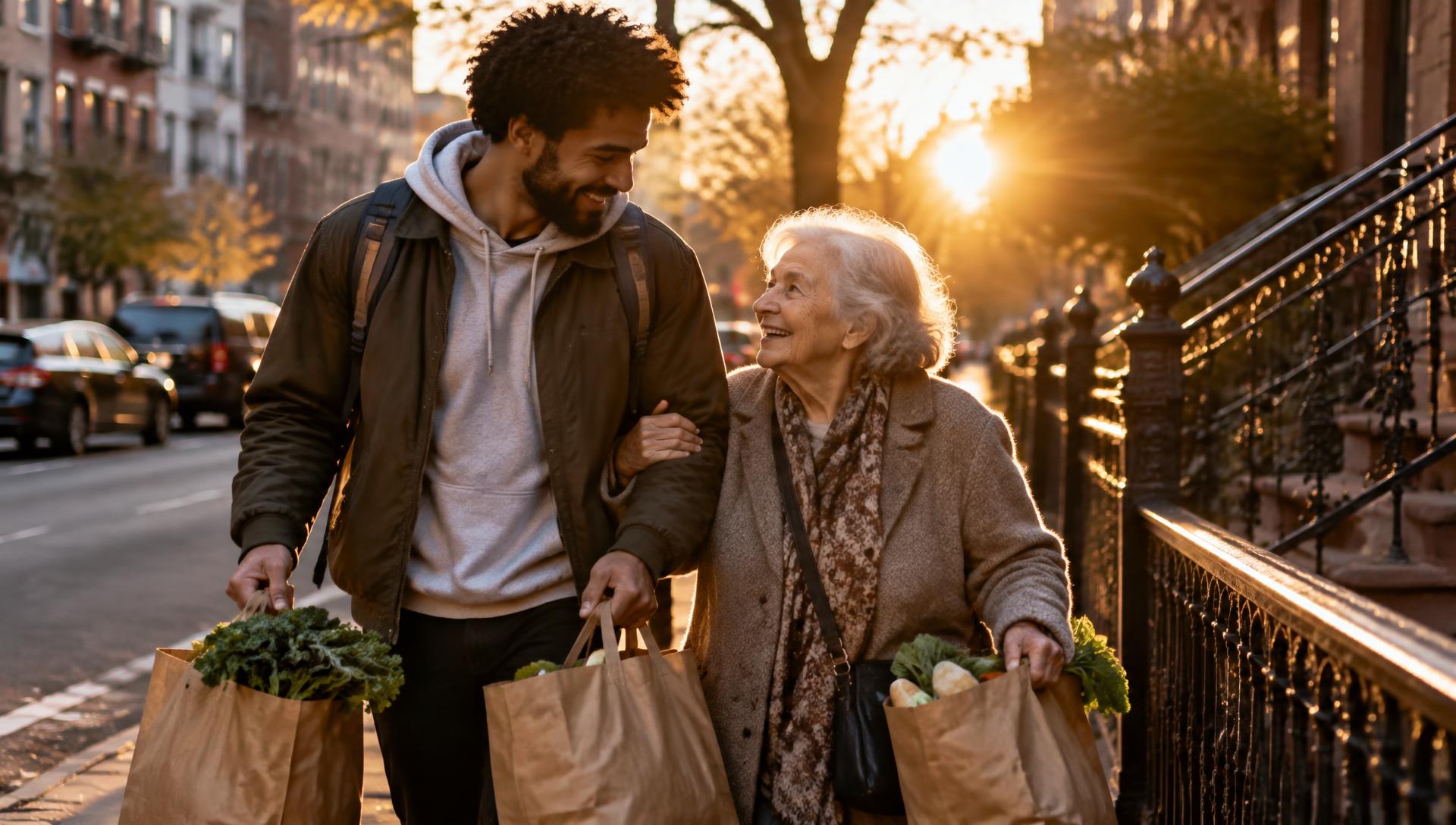 A young man walking arm in arm with an elderly neighbor, carrying her groceries at sunrise