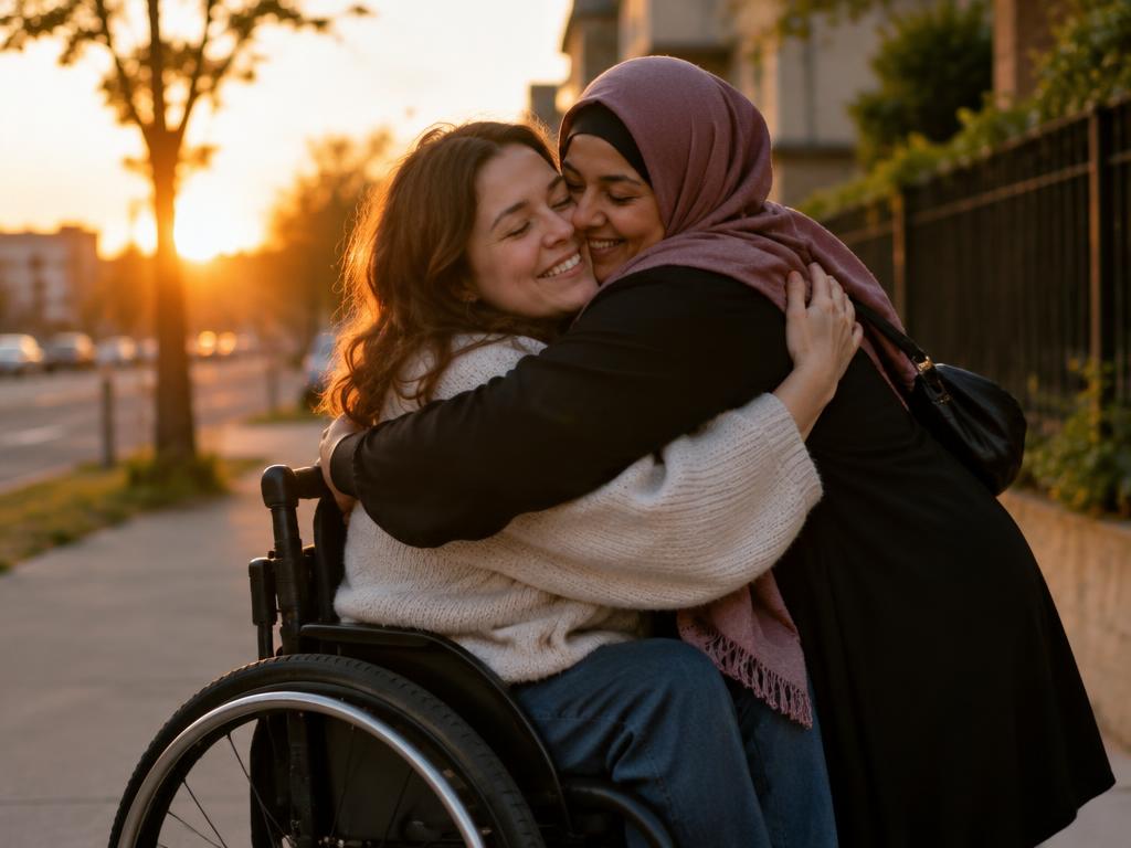 Two women hugging warmly on a sidewalk at sunset, one using a wheelchair